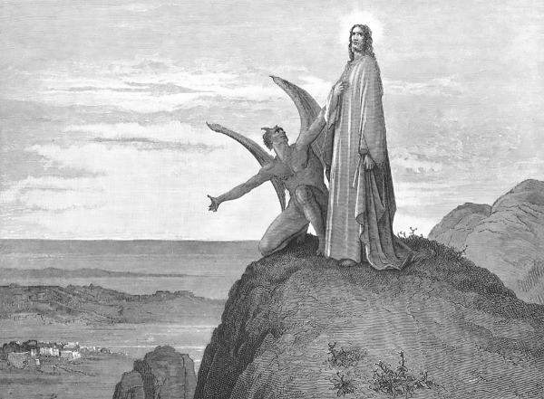 Satan at high point tempting Jesus