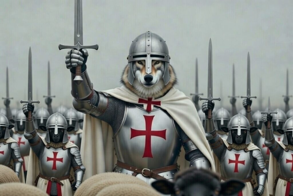 Wolf leading black sheep into battle