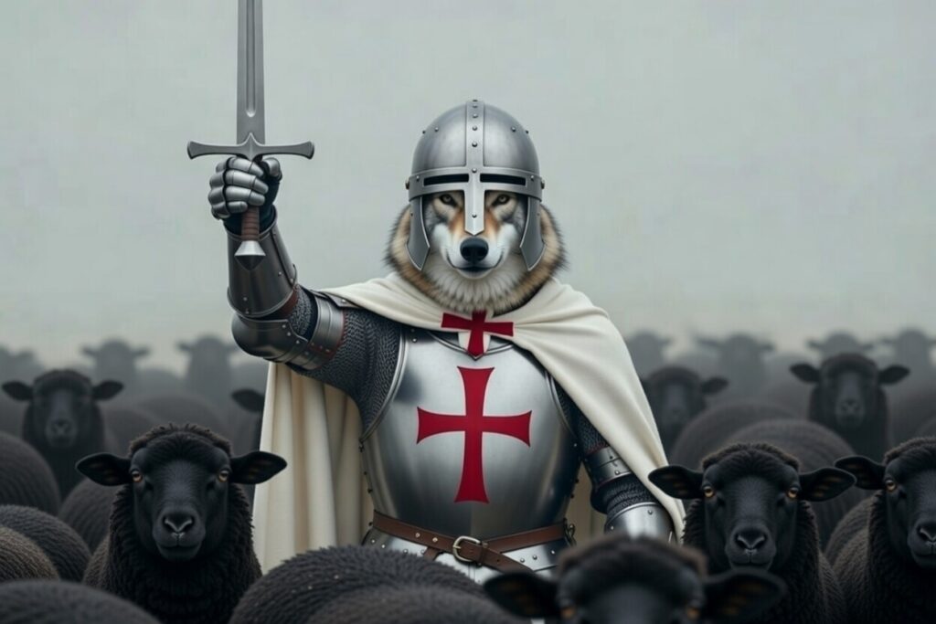 Wolf leading black sheep