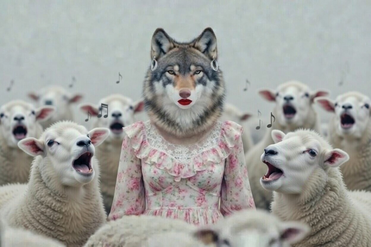 Wolf dressed in drag while the chorus encourages
