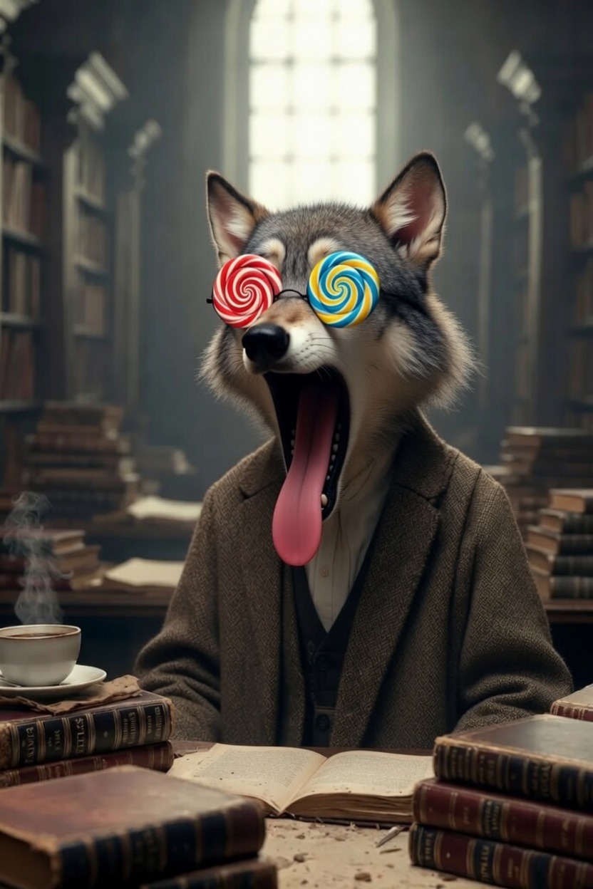 Behold the wolf after raiding the forbidden honeycomb of doctrine — eyes gleaming like lollipops, utterly shocked that the sweetness of the Word hit harder than expected.